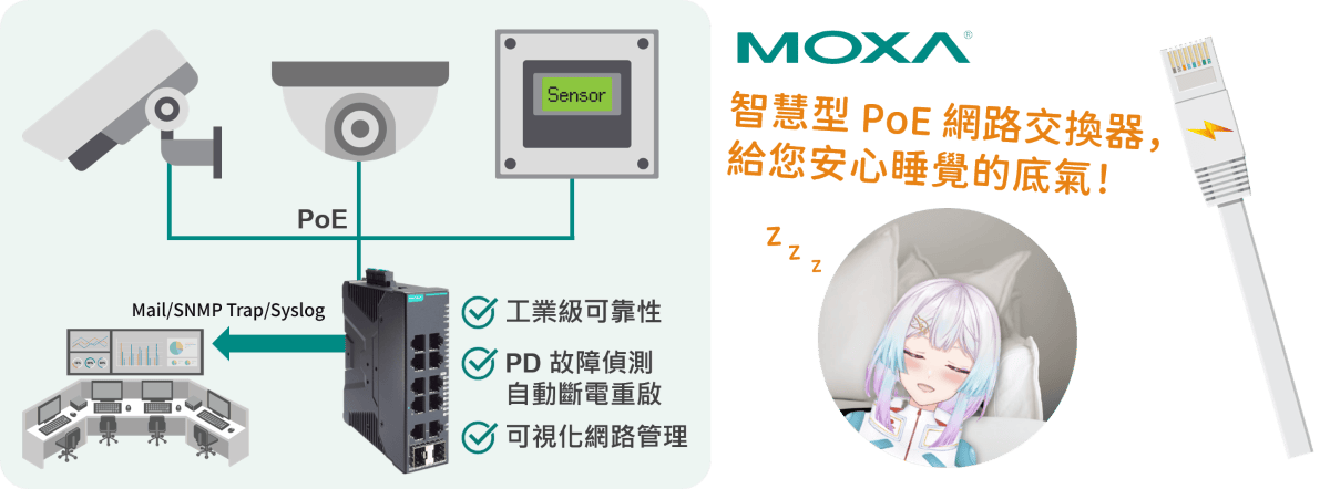 Moxa智慧型PoE交換器，給您安心睡覺的底氣